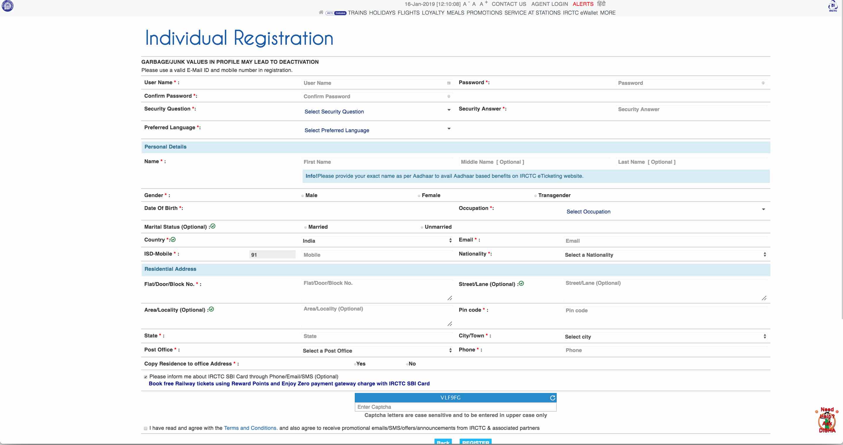 Registration page