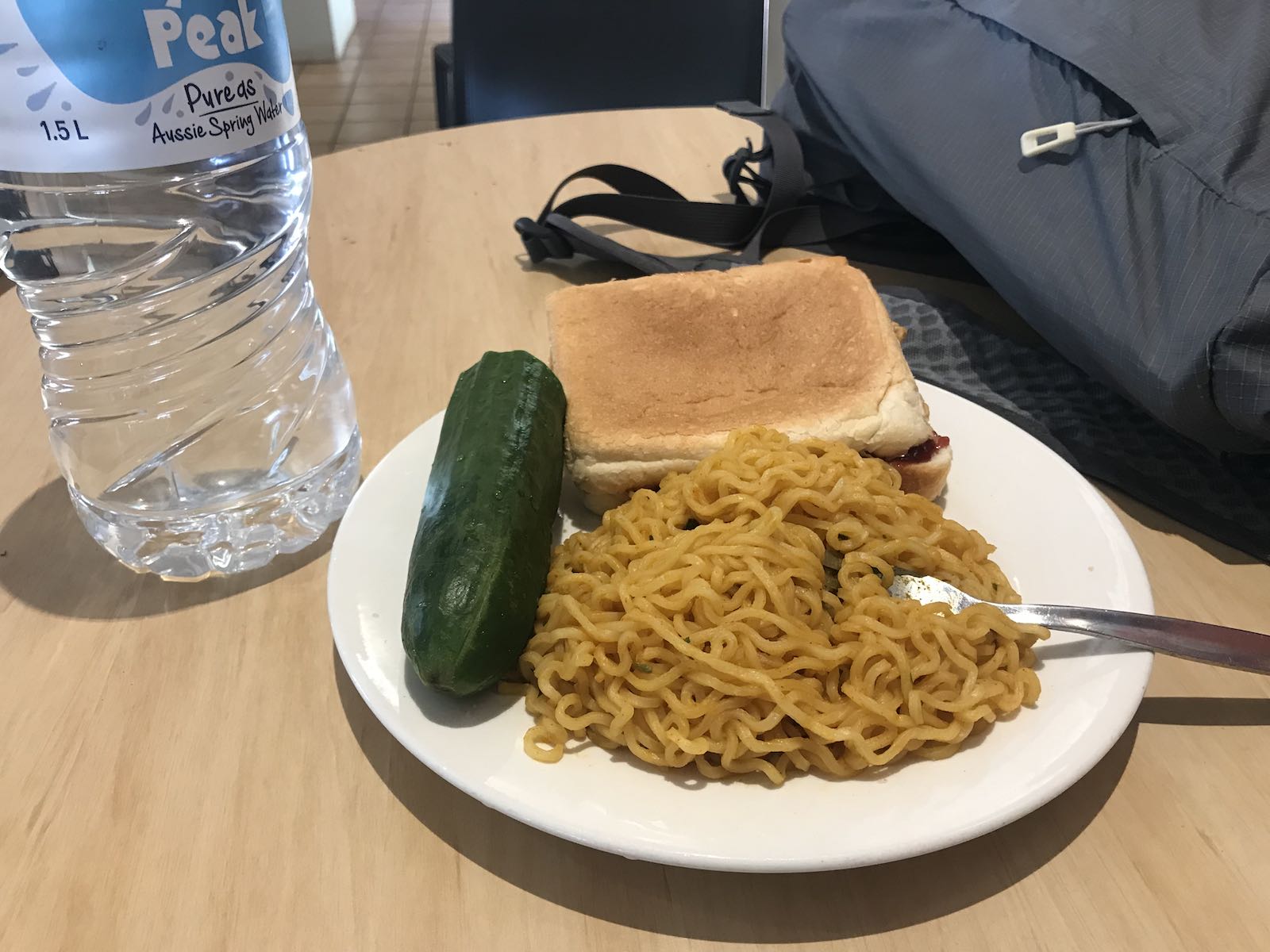 There's a strangely good harmony of contrasting flavors in this unbalanced breakfast. Fresh food was pretty expensive near Uluru in middle of the Australian outback.