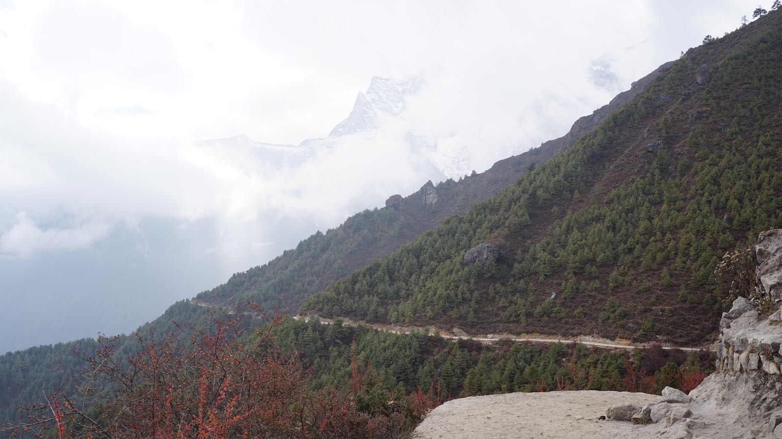 A good part of the trek today was along trails like this, you can see the clouds hiding massive mountains