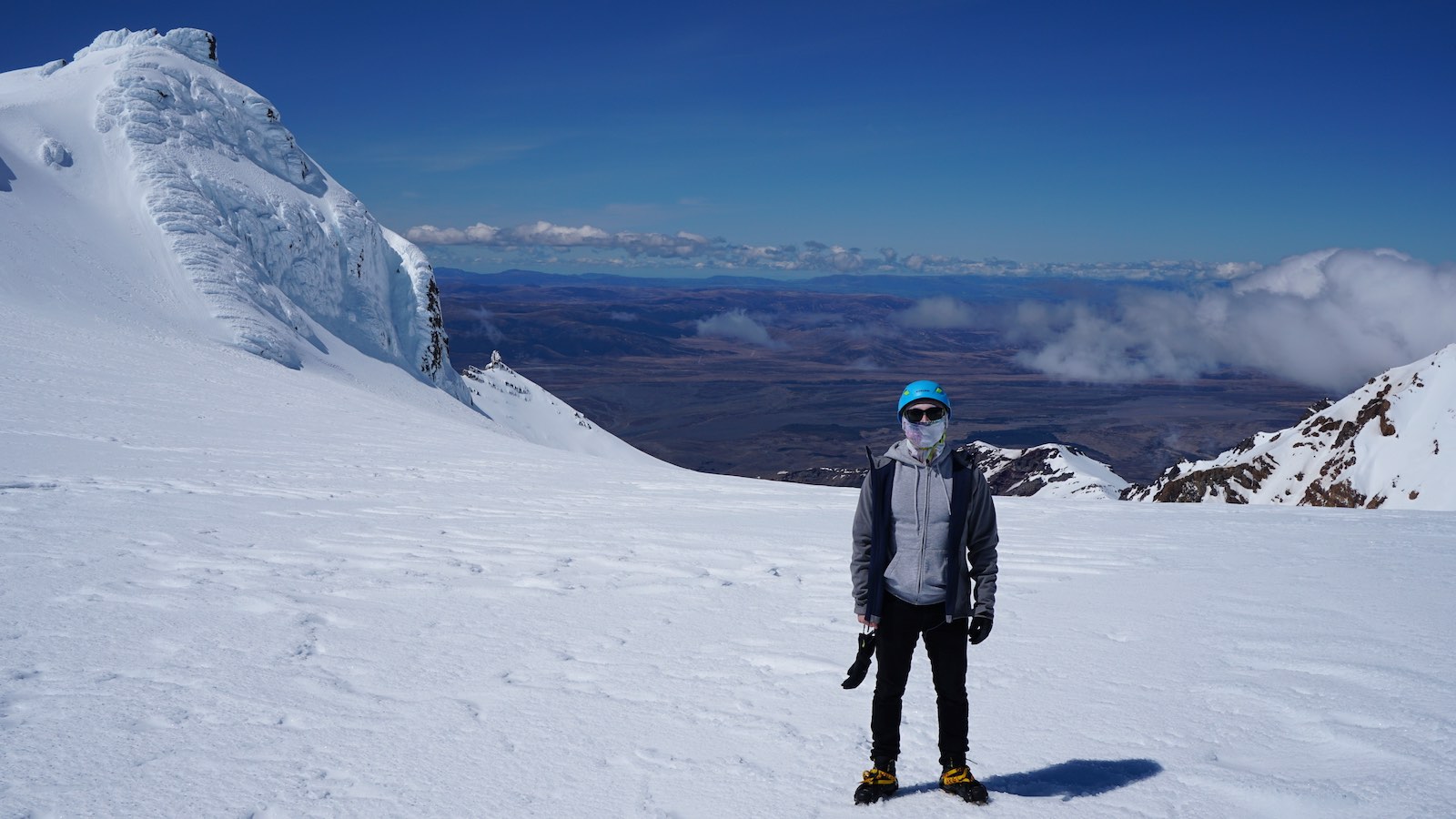 Me with my outfit haha and gear on the summit overlooking the other side. We spent about 30-40 minutes at the summit exploring, eating and resting before heading down.